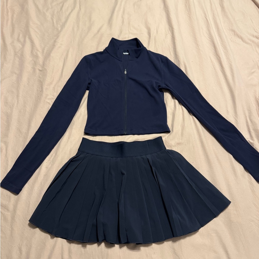 Aritzia TNAction Navy Blue Cropped long sleeve zip up and Skirt Set